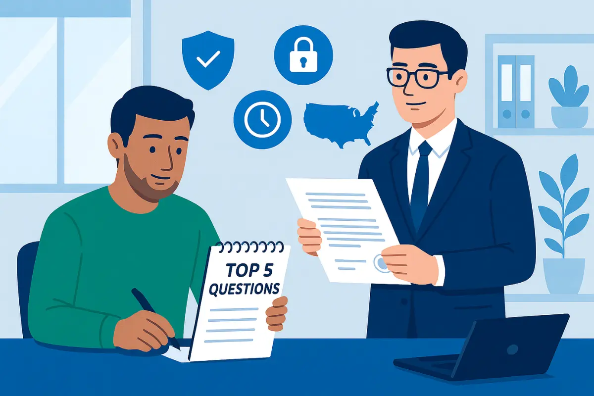 Business owner asking registered agent company top five questions about requirements responsibilities and compliance services