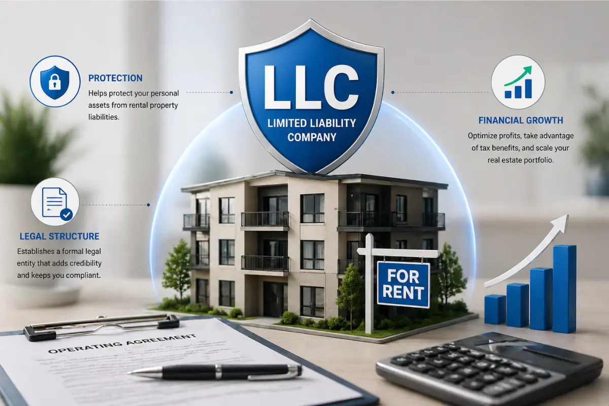 Rental property LLC limited liability company shield showing personal asset protection, legal structure, operating agreement, and financial growth benefits for real estate investors