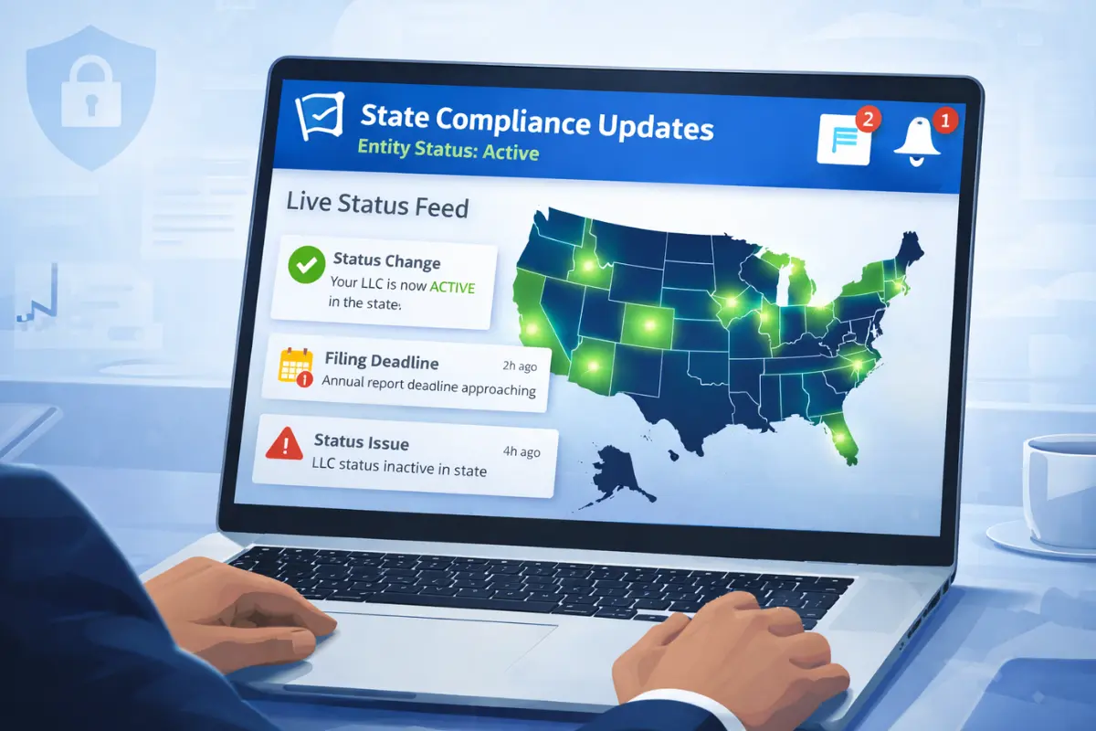 Real-time state monitoring with compliance automation tools showing multi-state corporate compliance tracking and entity status updates for business entity management.