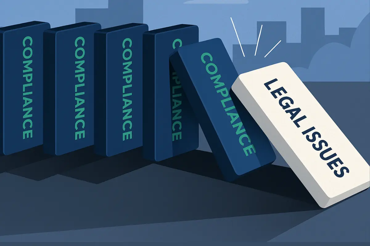 Domino effect showing how one legal standing failure triggers multiple compliance problems and business reinstatement needs