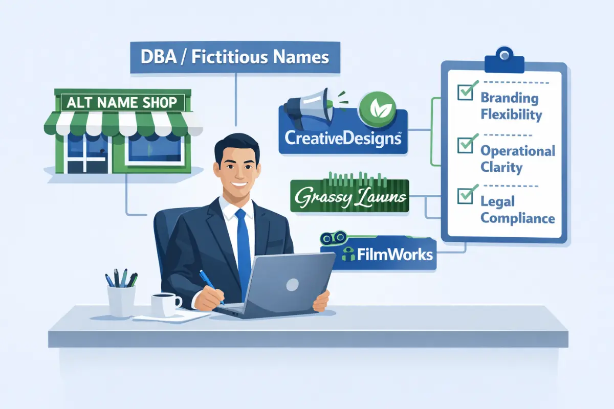 Reasons businesses use a fictitious business name showing DBA registration for branding flexibility, operational clarity, and legal compliance when operating multiple businesses under one LLC.