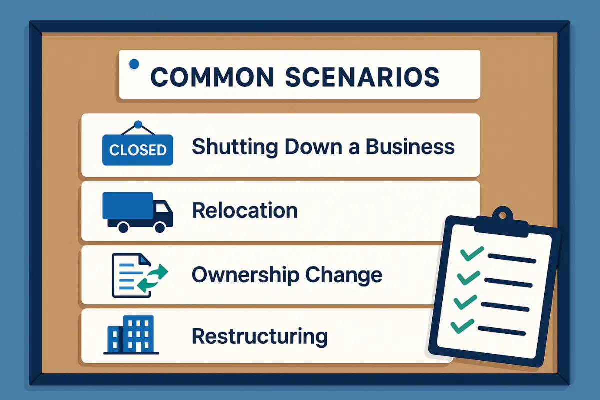 Common reasons for canceling a business license including shutdown, relocation, ownership change and restructuring.