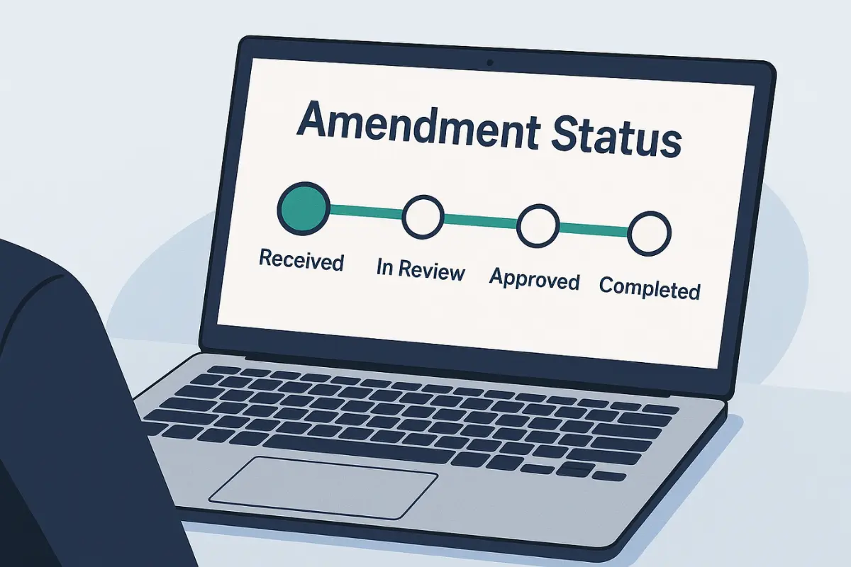 Foreign qualification application status showing certificate of authority filing progress from received to completed