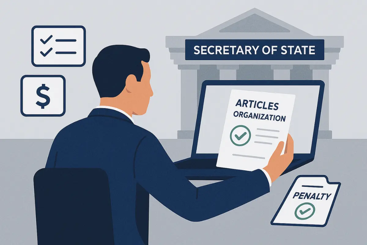 Business formation process filing Articles of Organization with Secretary of State to separate business and personal assets for liability protection.