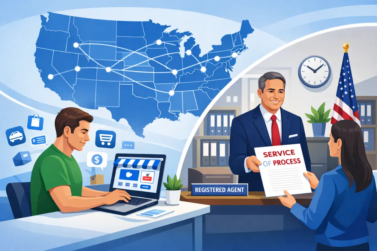Illustration showing an e-commerce business owner managing an online store while a professional registered agent receives service of process documents on behalf of the LLC with nationwide multi-state coverage