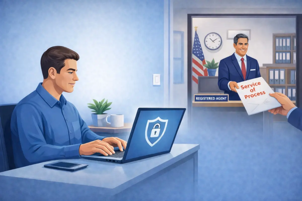 Consulting LLC owner working securely from home while a professional registered agent receives service of process at a commercial address to protect personal privacy and maintain consulting LLC compliance.