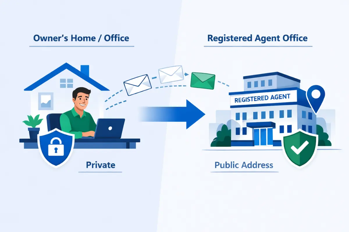 Registered agent address protecting owner's home address privacy by routing legal documents to a professional registered agent office public address