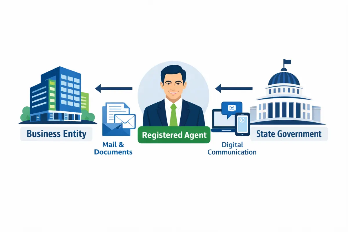 Registered agent responsibilities diagram showing duties receiving service of process from state government and forwarding to business entity.