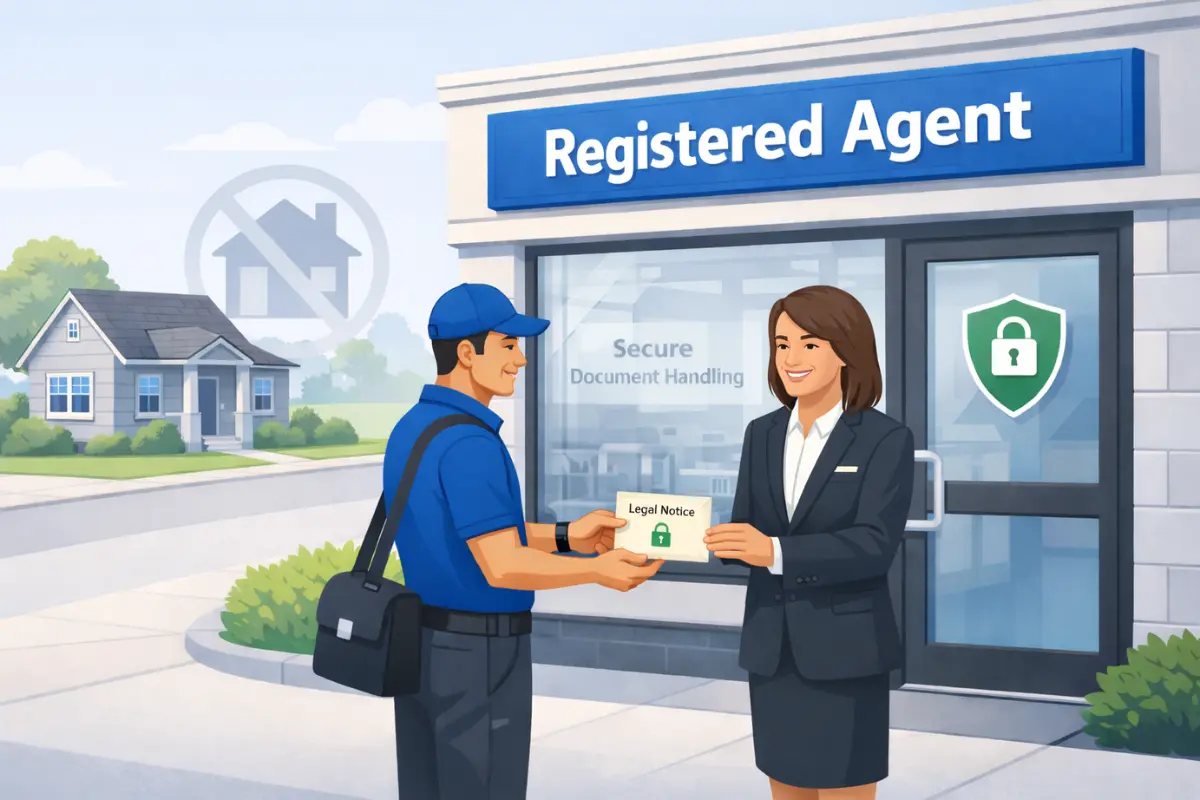 Corporate registered agent receiving sensitive legal notice from service of process agent at professional business address instead of owner's home