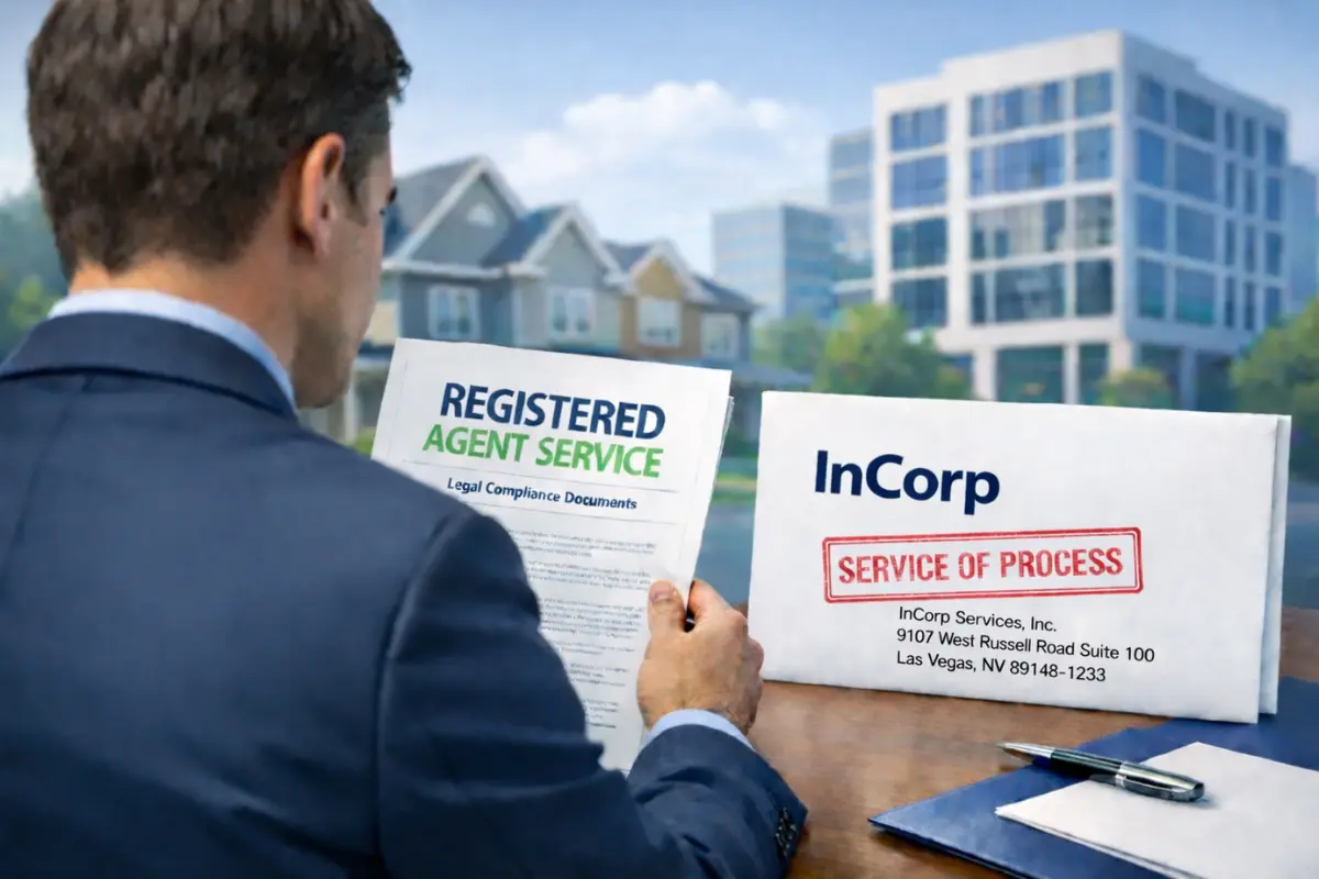 Real estate LLC owner reviewing InCorp registered agent service documents and service of process envelope showing how a professional LLC agent protects investor privacy and handles legal compliance for real estate investors