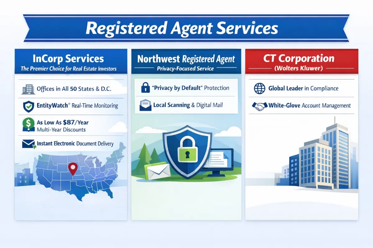 Registered agent services comparison infographic for real estate LLC investors showing InCorp with 50-state coverage and EntityWatch monitoring, Northwest Registered Agent with privacy-by-default protection, and CT Corporation with white-glove account management for multi-state real estate portfolios
