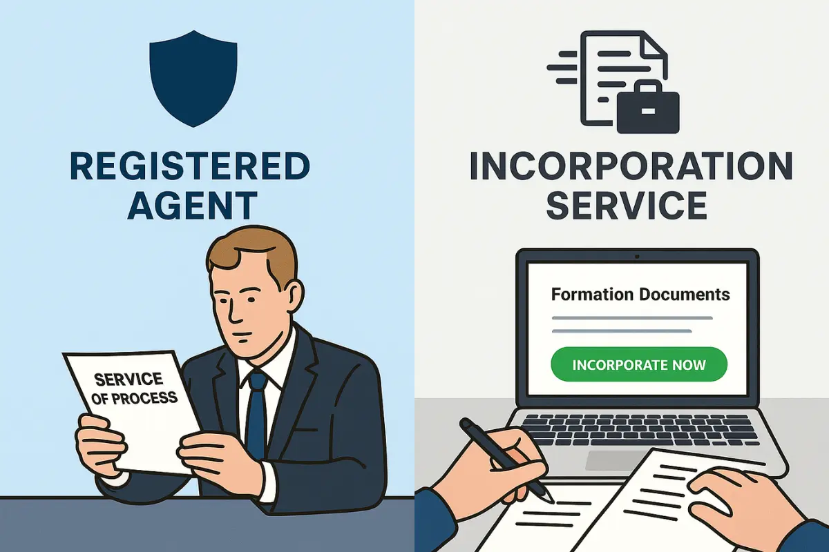 Registered agent receiving service of process documents vs incorporation service preparing business formation paperwork comparison illustration.