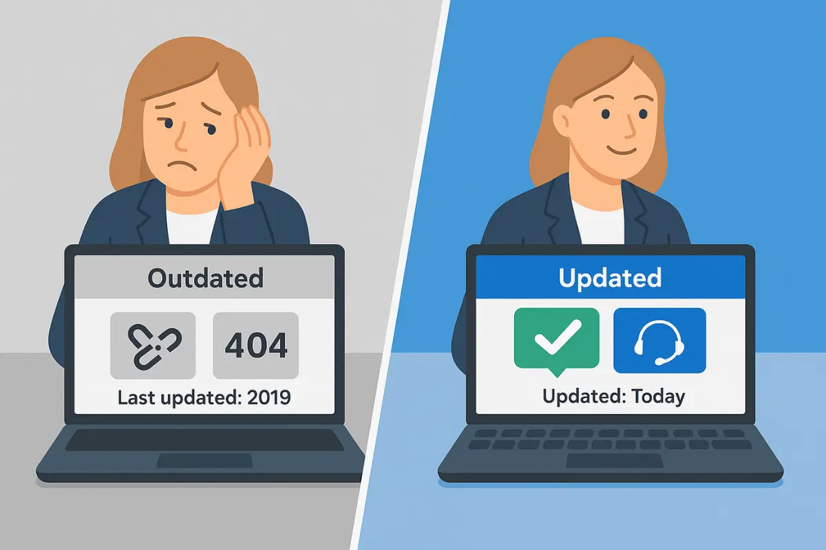 Comparison showing outdated vs updated business formation service websites with broken links versus modern customer support features