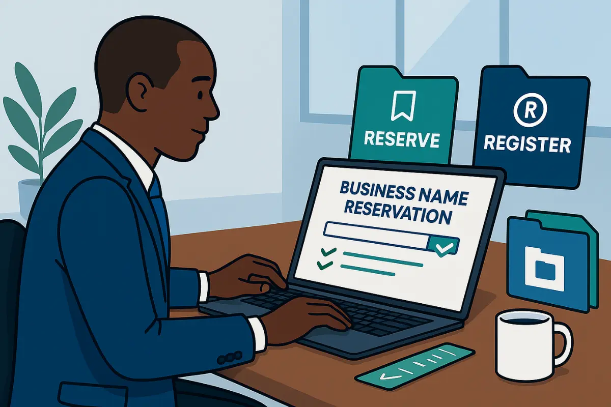 Professional completing business name reservation process online showing reserve and register options for securing available business name.
