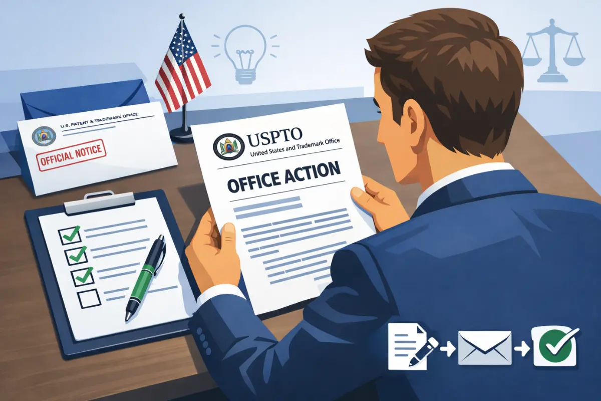 Business attorney reviewing USPTO office action notice during trademark registration process with checklist for responding to federal trademark application objections
