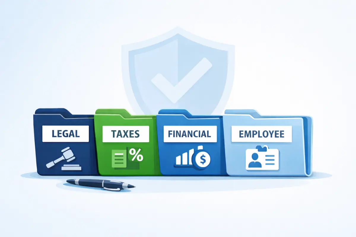 Retaining business records categories including legal, taxes, financial, and employee documents for closed business following financial documents retention requirements.