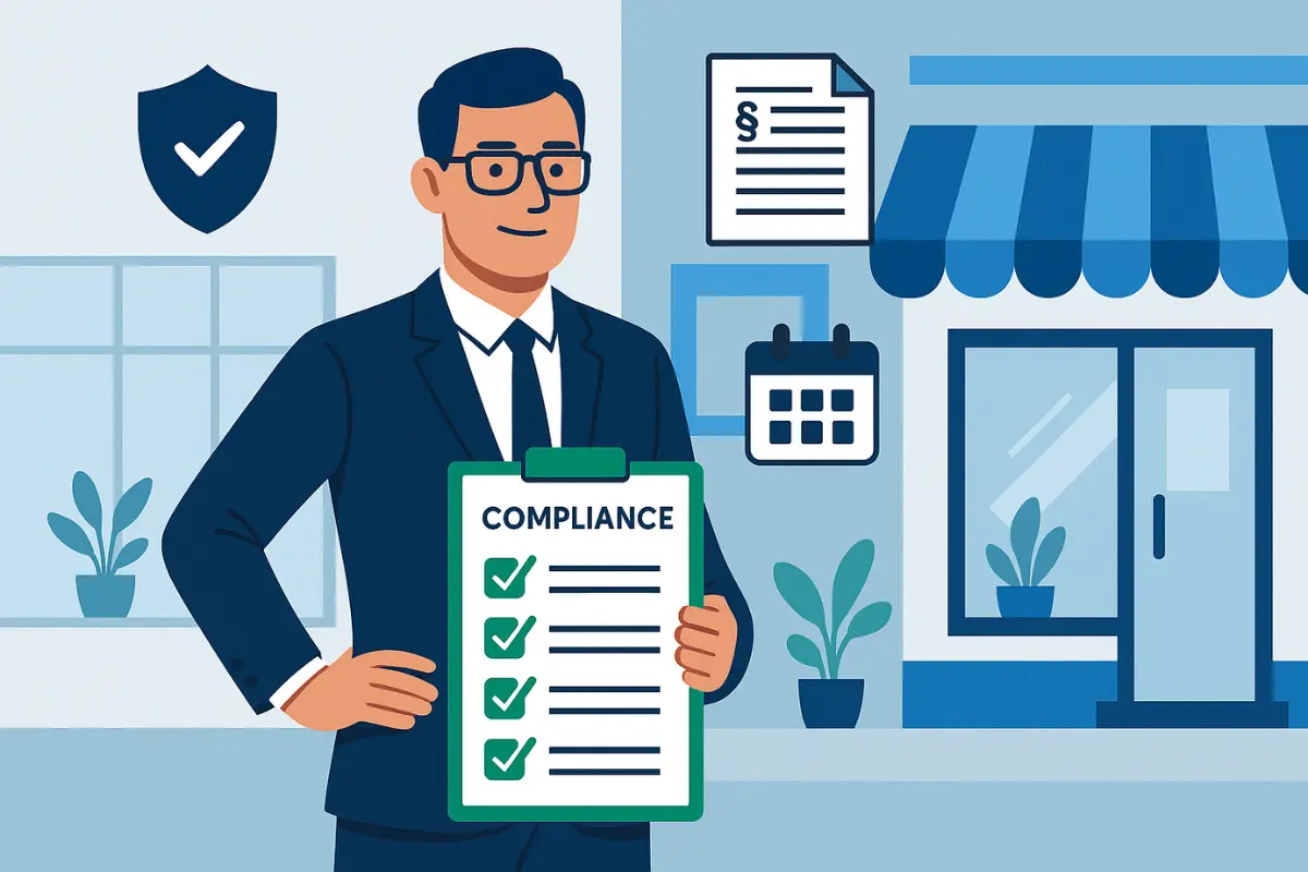 Compliance officer holding completed small business compliance program checklist with storefront showing regulatory protection