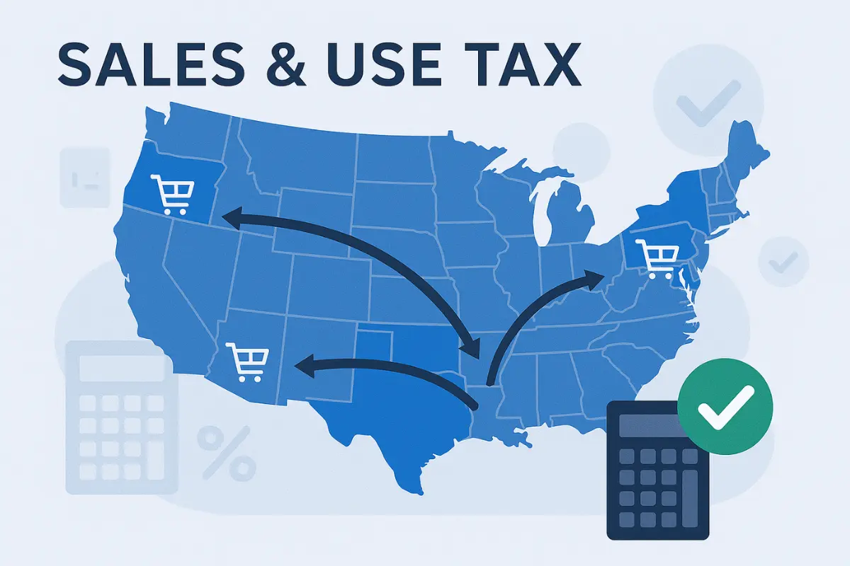 Sales and use tax multi-state business expansion showing tax implications and state tax compliance requirements across US