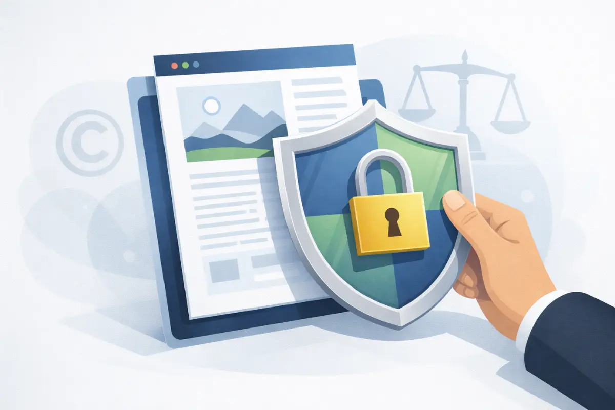 Security shield protecting copyrighted creative work and digital content from infringement with DMCA takedown and statutory damages legal remedies