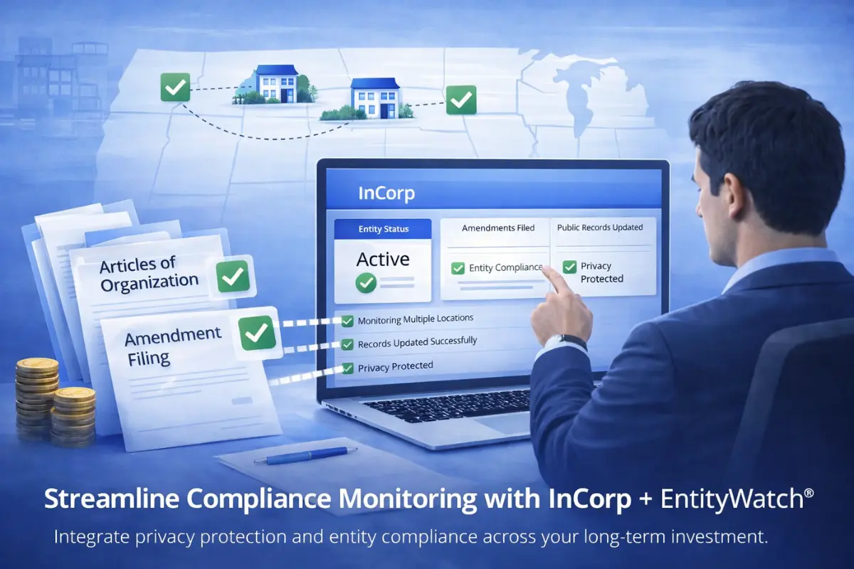 Real estate investor using InCorp EntityWatch compliance monitoring dashboard to track active entity status, amendments filed, and privacy protection across multiple property-owning LLCs in multiple states with articles of organization and amendment filing compliance