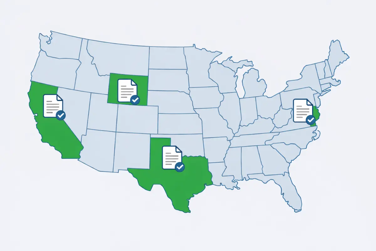 Choosing a U.S. state for foreign business registration map showing popular states including Delaware Wyoming Nevada Texas and Florida for LLC formation.