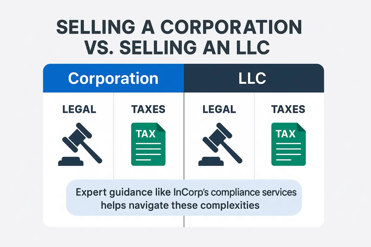Comparison infographic selling corporation versus selling LLC showing legal requirements taxes and compliance for business transfers