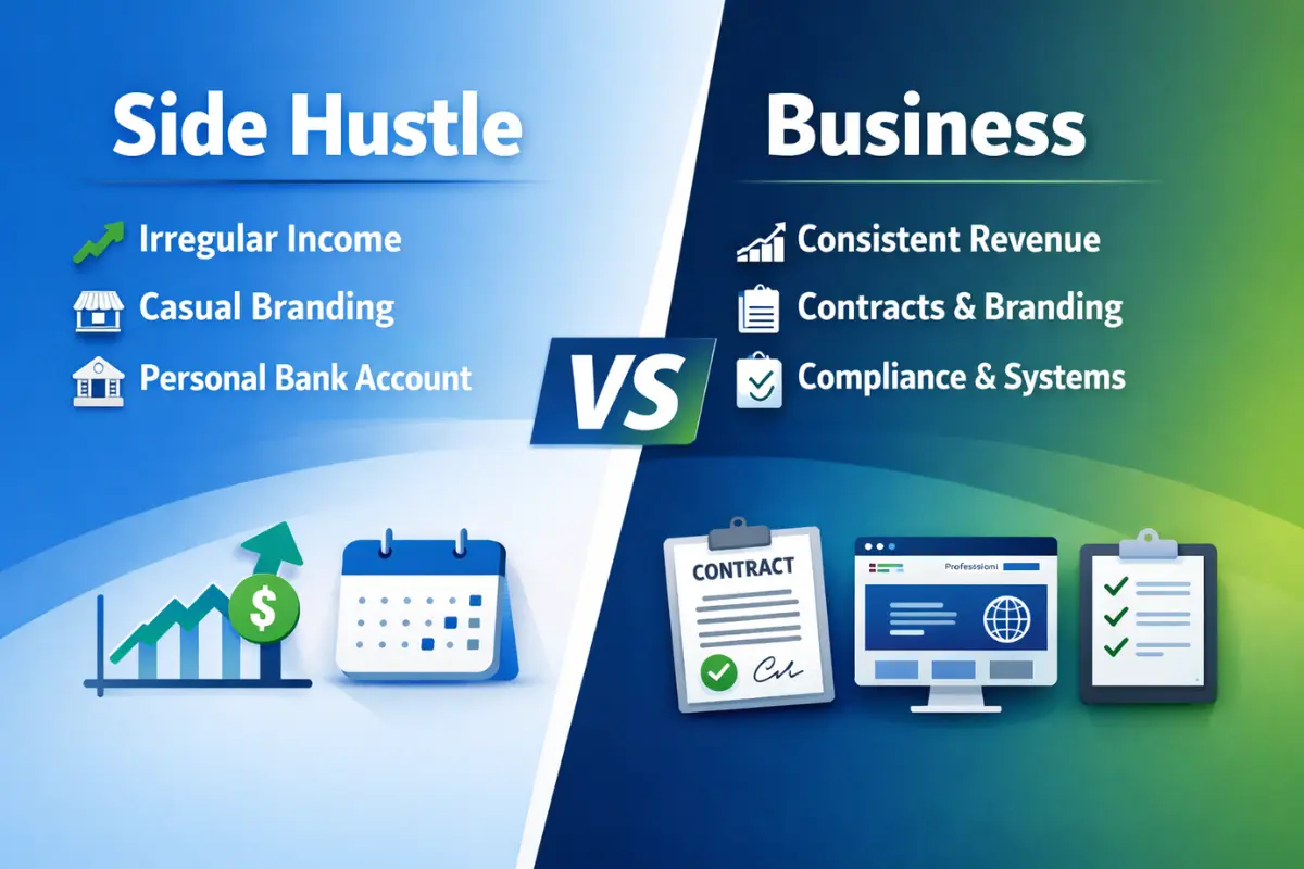 Visual comparison showing how a side hustle gradually becomes a formal business over time.
