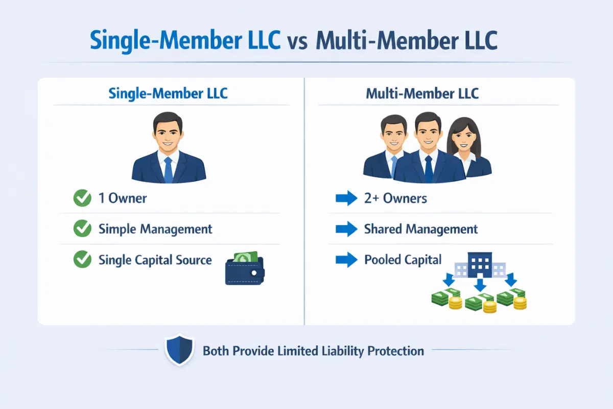 Single-member LLC vs multi-member LLC comparison infographic showing ownership, management, capital structure, and limited liability protection differences
