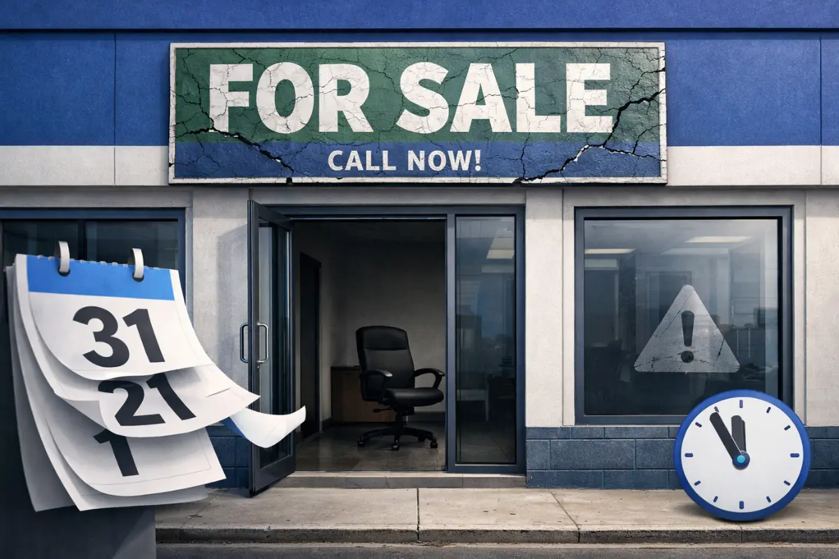 Small business storefront with a fading for sale sign, symbolizing a business with no successor.