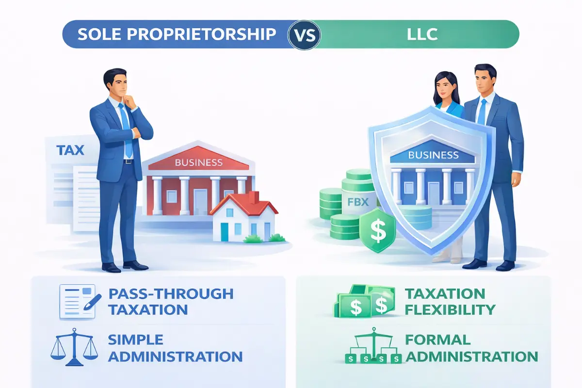 LLC vs sole proprietorship comparison showing pass through taxation liability protection and business structure differences for small business owners