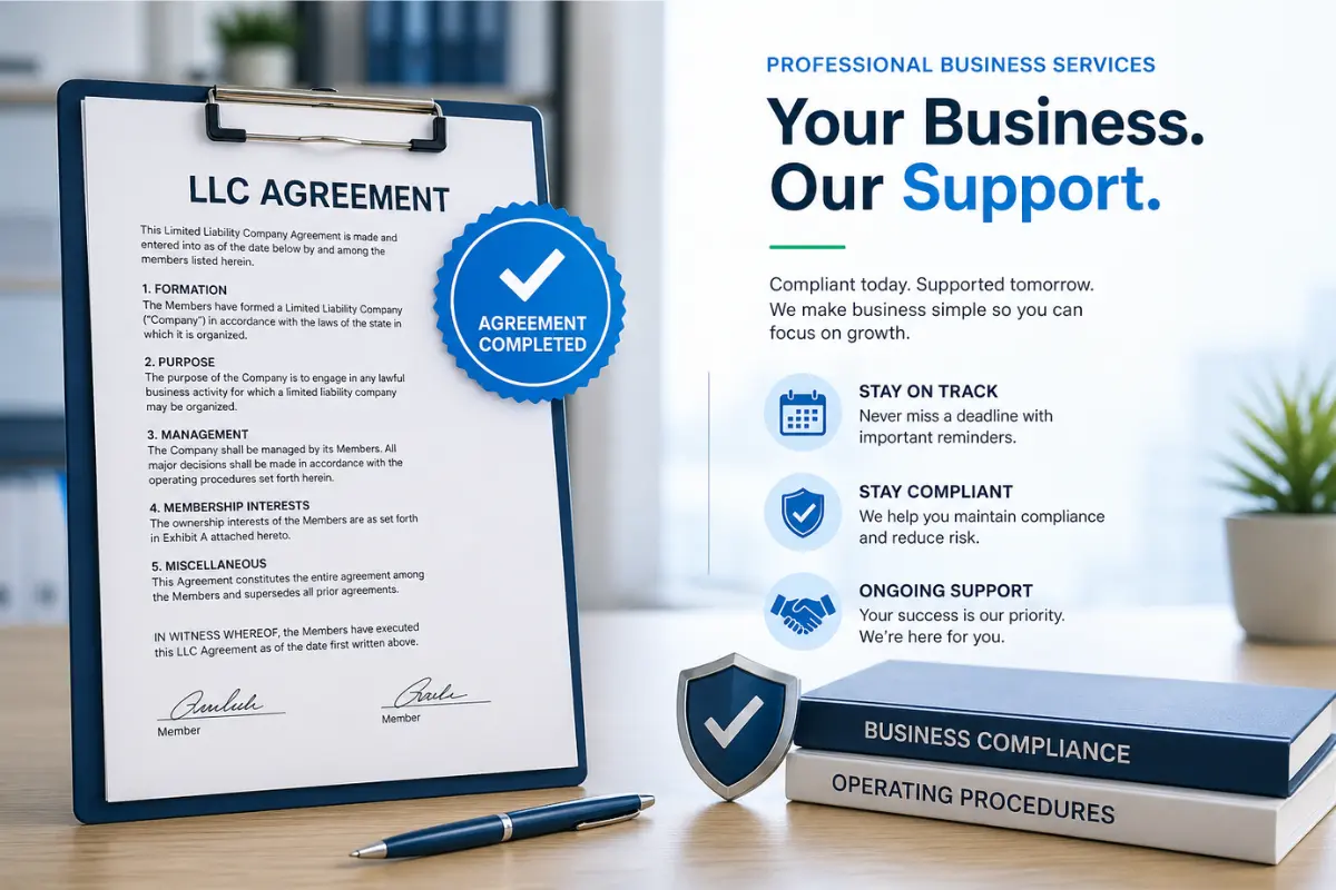 Completed multi-member LLC agreement on clipboard with InCorp professional business services support for ongoing compliance, operating procedures, and member buyout agreement requirements