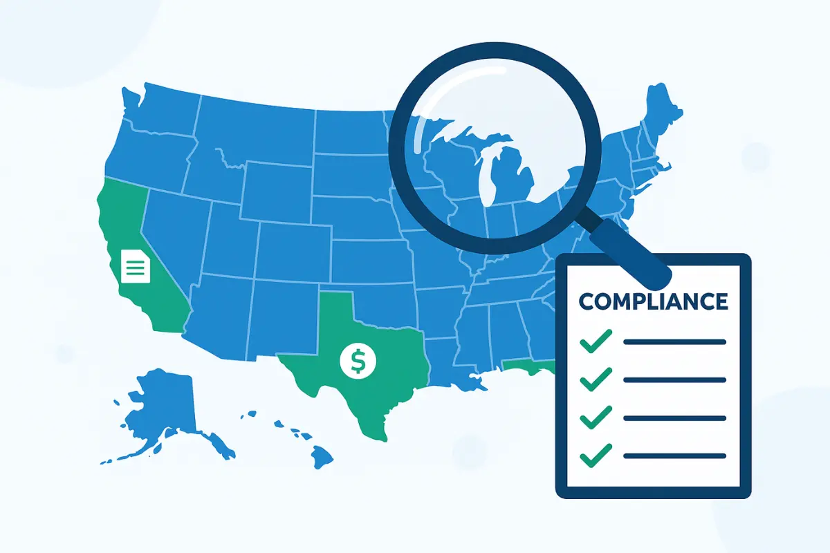 United States map showing state-by-state business license cancellation requirements and compliance regulations.