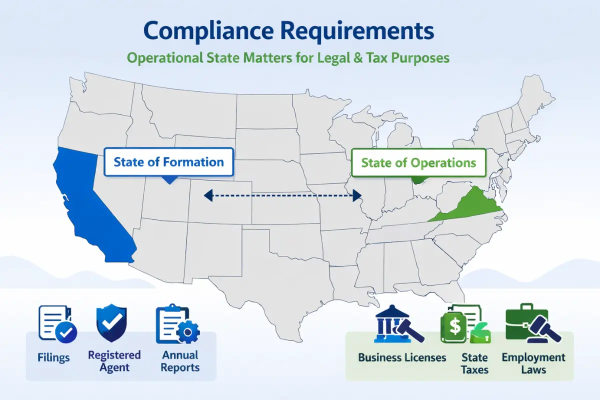 LLC formation state vs operating state taxes showing how to avoid foreign qualification LLC trap with dual compliance requirements and registered agent needs.