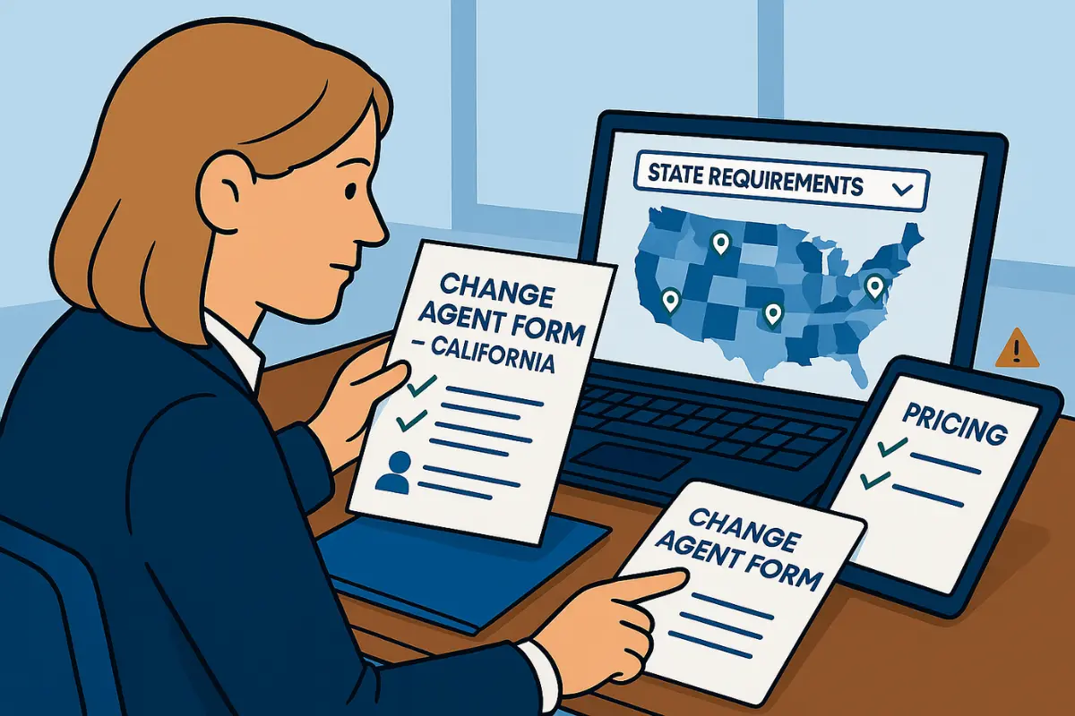 Business owner reviewing change registered agent forms and state requirements map showing step-by-step process for switching registered agent providers.