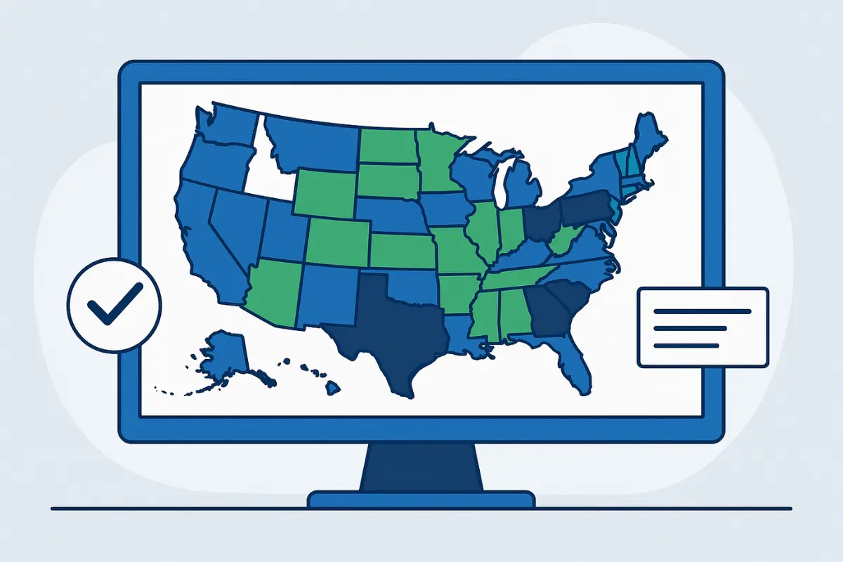 United States map showing state-specific rules for state filing correction process and business document amendments