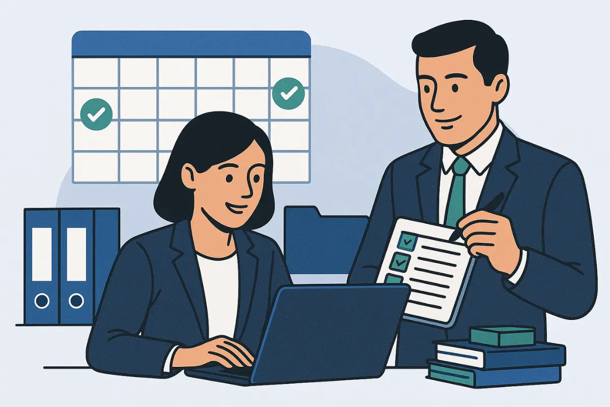 Business professionals managing compliance calendar to maintain good standing status with annual report filing deadlines