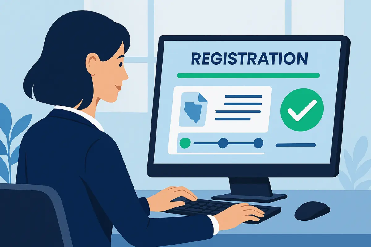 Business owner completing online foreign qualification to register business in another state with certificate of authority