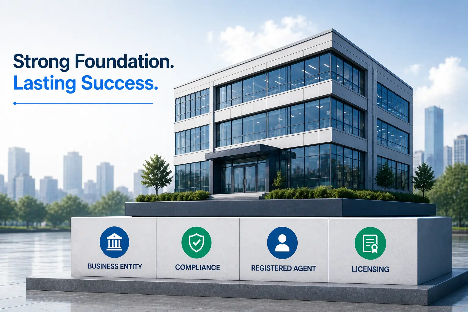 Structural foundations that support scaling a business infographic showing business entity formation, compliance, registered agent, and licensing as pillars for sustainable business growth and expansion