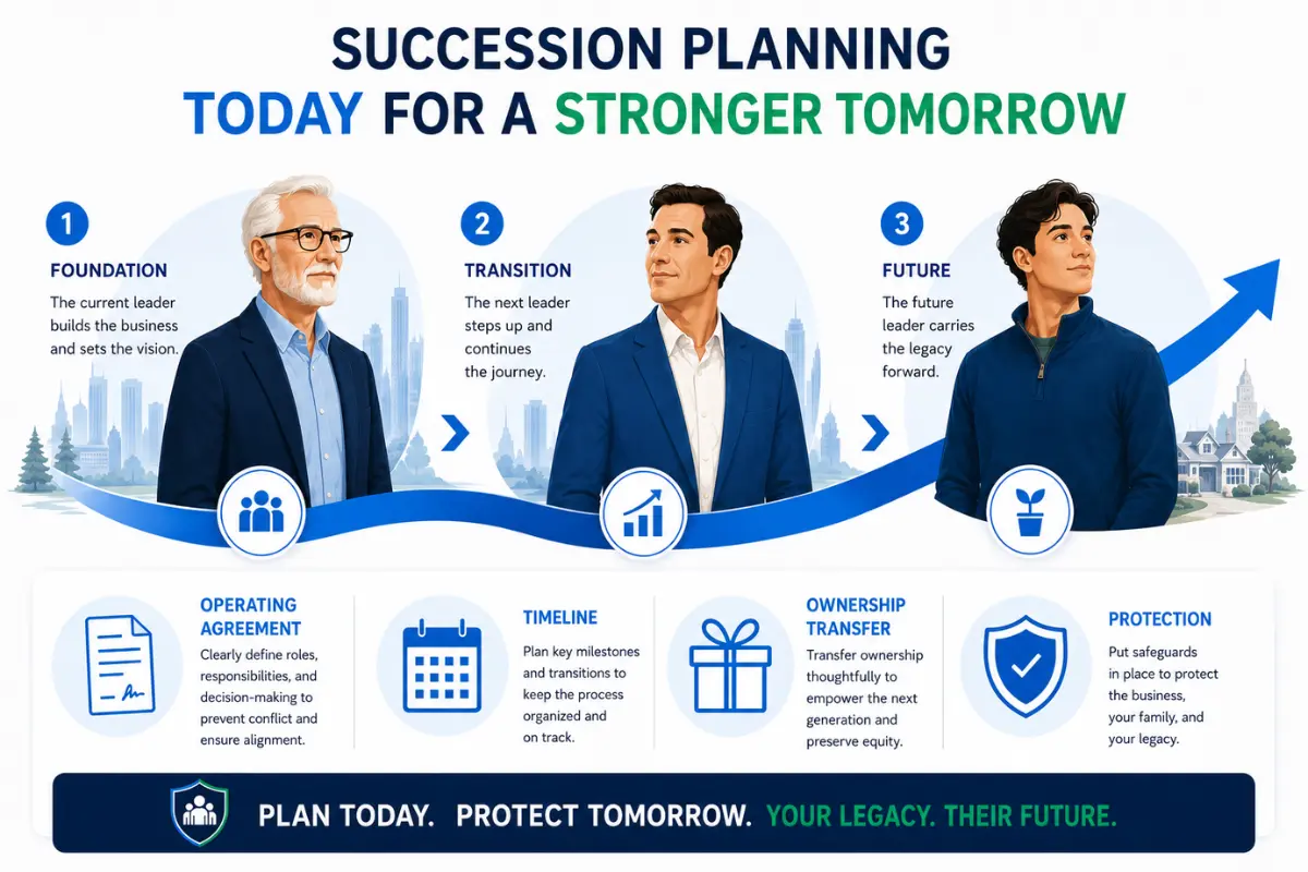 Family business LLC succession planning roadmap showing foundation, transition, and future leadership stages with operating agreement, ownership transfer, and legacy protection strategy