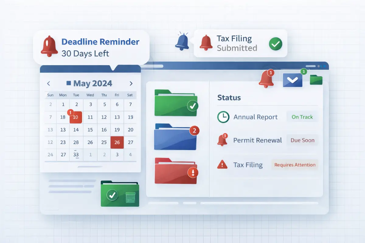 Consulting business compliance dashboard tracking annual report deadlines, permit renewals, and tax filing status for ongoing compliance management