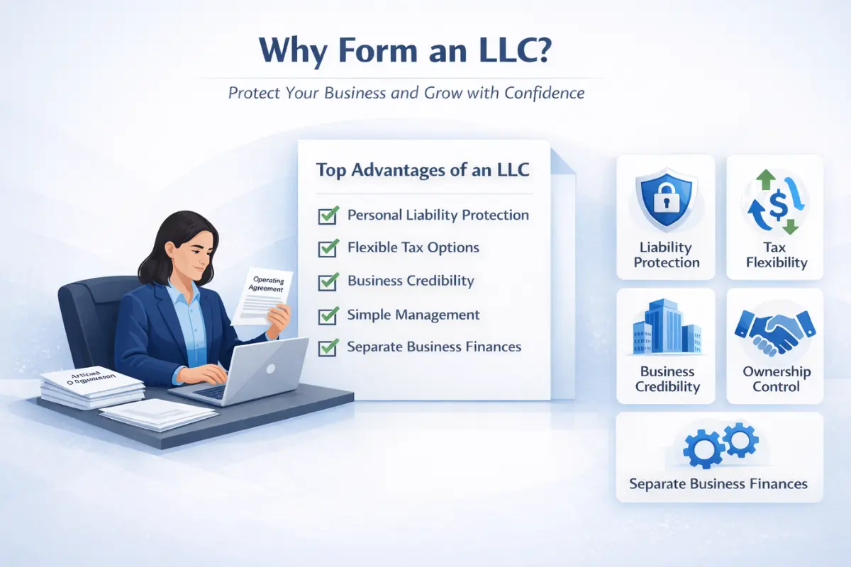 Infographic showing top advantages of forming an LLC including personal liability protection, flexible tax options, business credibility, simple management, and separate business finances