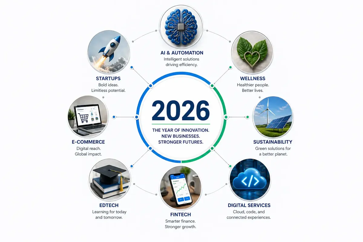 Top startup trends for 2026: AI automation, sustainability, fintech, wellness, e-commerce