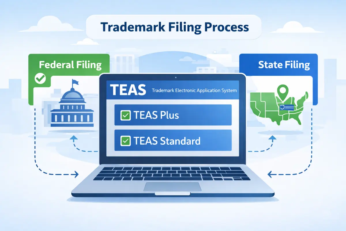 Trademark registration process showing TEAS Plus and TEAS Standard filing options for federal vs state trademark applications through USPTO.