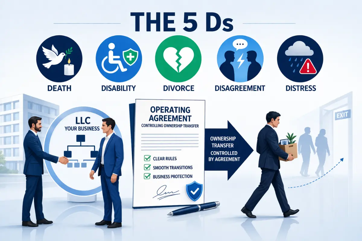 Infographic illustrating the 5 Ds of LLC member exit triggers including death, disability, divorce, disagreement, and distress showing how an LLC operating agreement controls ownership transfer with clear rules, smooth transitions, and business protection through a buy-sell agreement