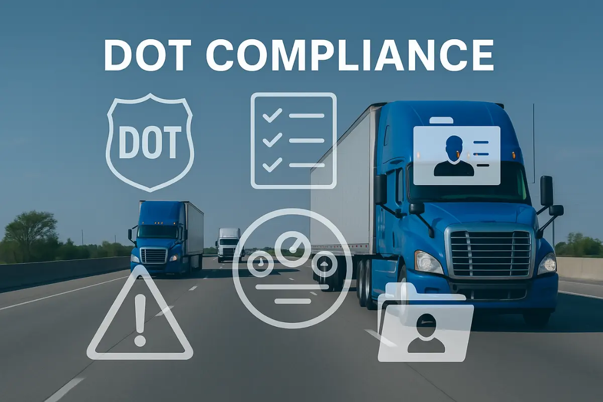 Modern commercial trucking fleet with digital DOT compliance dashboard overlay for fleet managers.