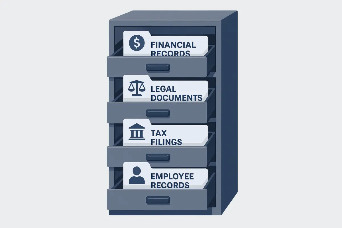 Organized business document retention filing system with financial records legal documents tax filings and employee records storage for compliance management.