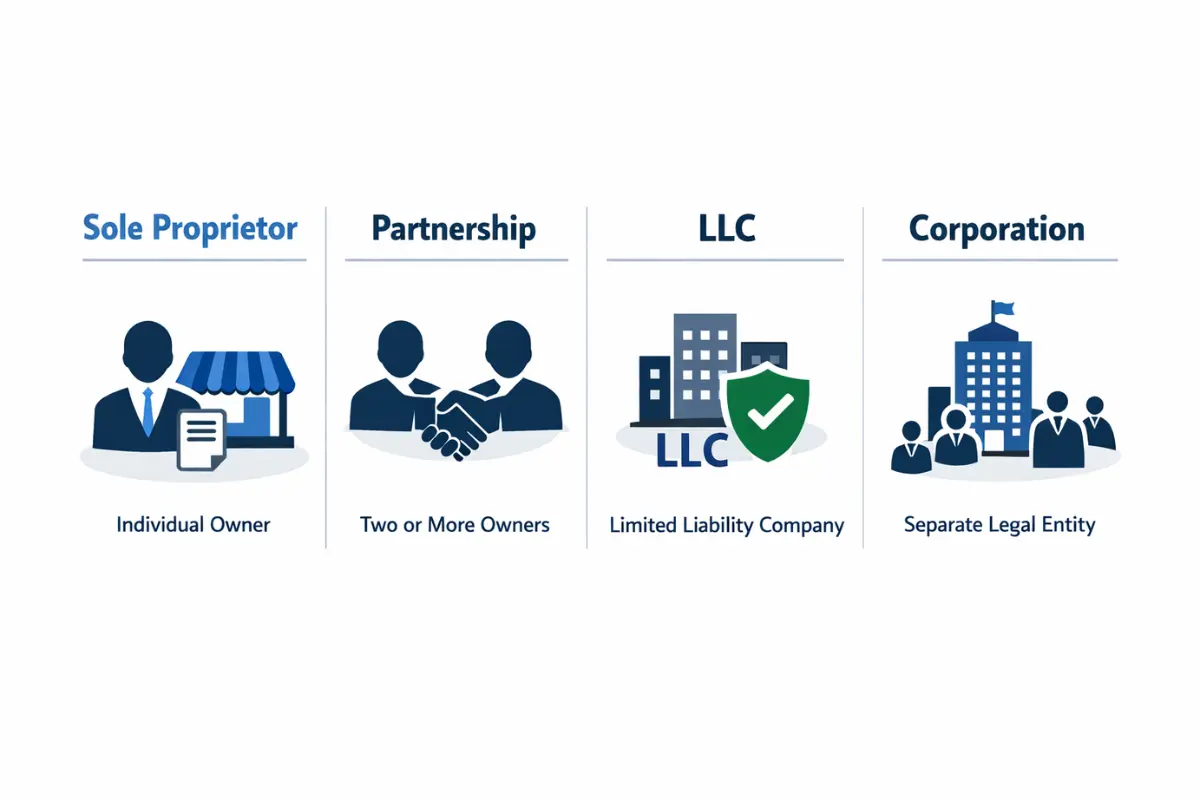 Infographic showing the 4 types of business entities including sole proprietor, partnership, LLC limited liability company, and corporation as separate legal entity structures