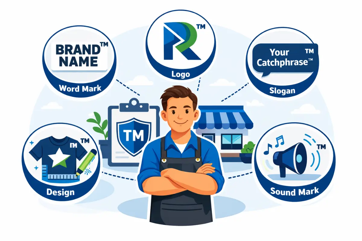 Types of trademarks explained showing word mark vs design mark including brand name logo slogan design and sound mark examples for startups.