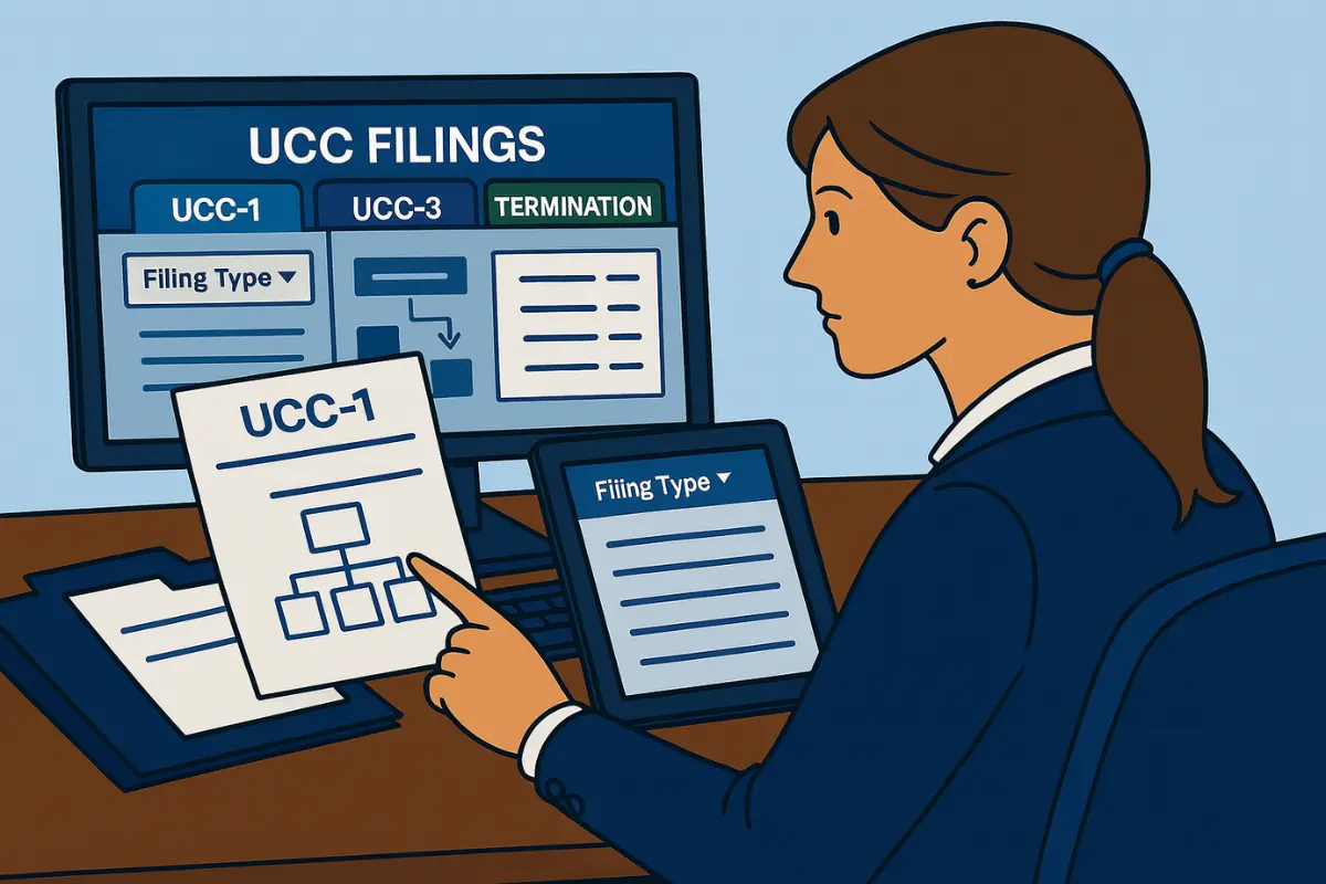 Professional managing UCC filings system showing UCC-1 UCC-3 and termination filing types for secured transactions and commercial lending documentation.