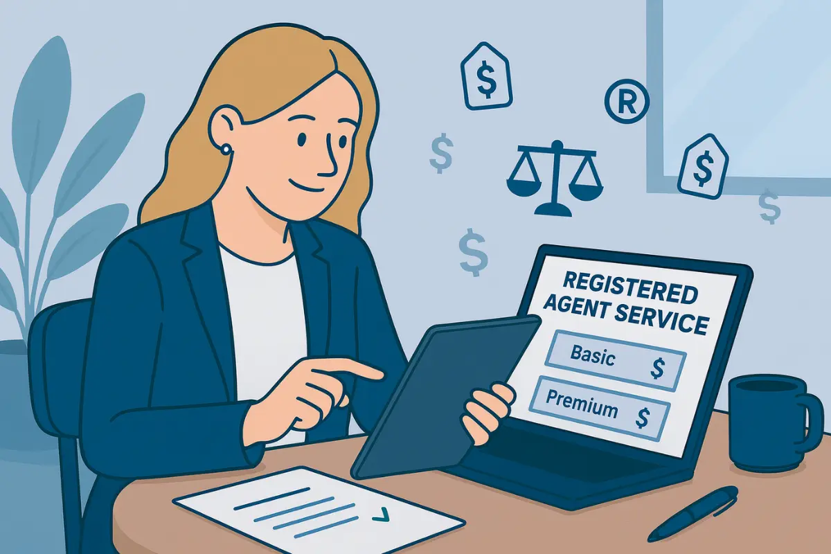 Professional reviewing registered agent service pricing plans showing basic and premium registered agent cost options and annual fee comparison for business compliance.
